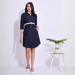 Milano Blue Cotton Western Shirt Dress for Women